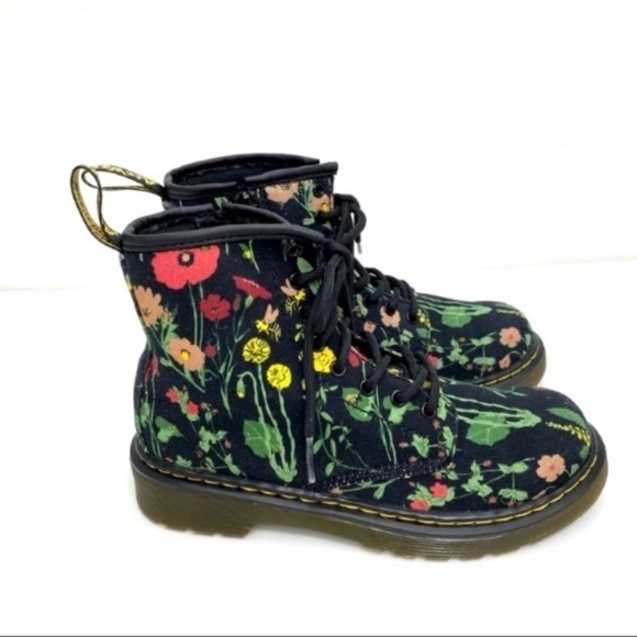 DR.MARTENS Juniors 1460 Wild Botanics Floral Fine Canvas Moto Boot Black Size 2J - Picture 5 of 11